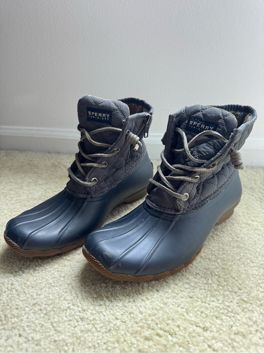Sperry Quilted Navy Duck Boots with Brown Soles
